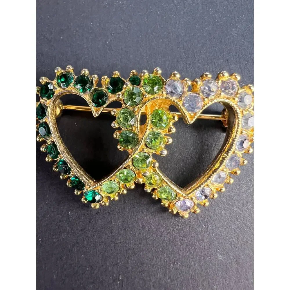 Vintage Gold Tone Double Heart Green Clear Rhinestone Brooch